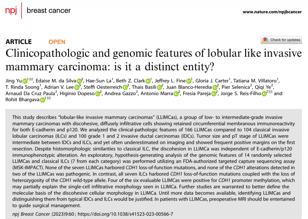 Important ILC Research: “Clinicopathologic and genomic features of lobular like invasive mammary carcinoma: is it a distinct entity?”