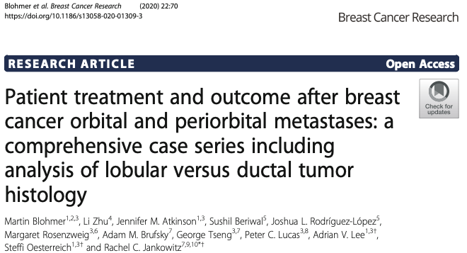 Important ILC Research: “Patient treatment and outcome after breast cancer orbital and periorbital metastases: a comprehensive case series including analysis of lobular versus ductal tumor histology”