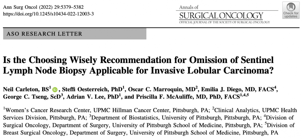 Important ILC Research: “Is the Choosing Wisely Recommendation for Omission of Sentinel Lymph Node Biopsy Applicable for Invasive Lobular Carcinoma?”